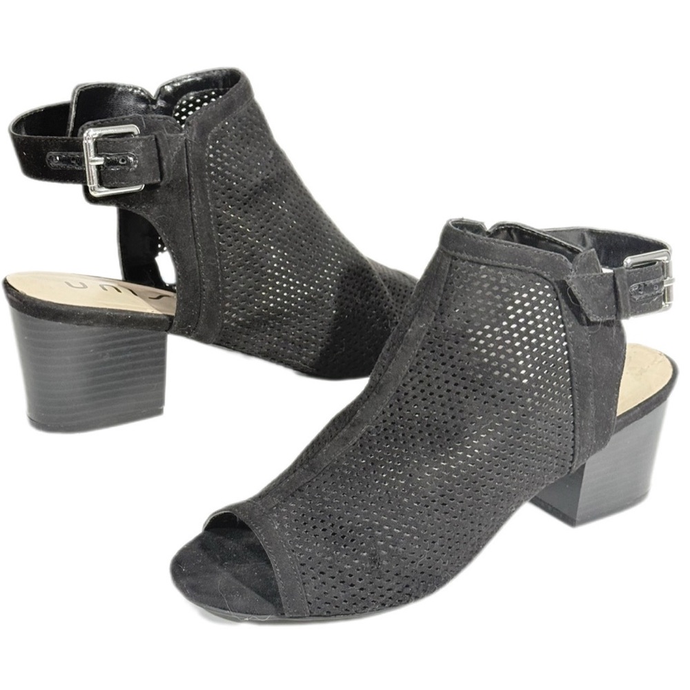 Unisa Black Peep-Toe Ankle Bootie 2.5” Block Heel Sling Back Adj Buckle Size 8